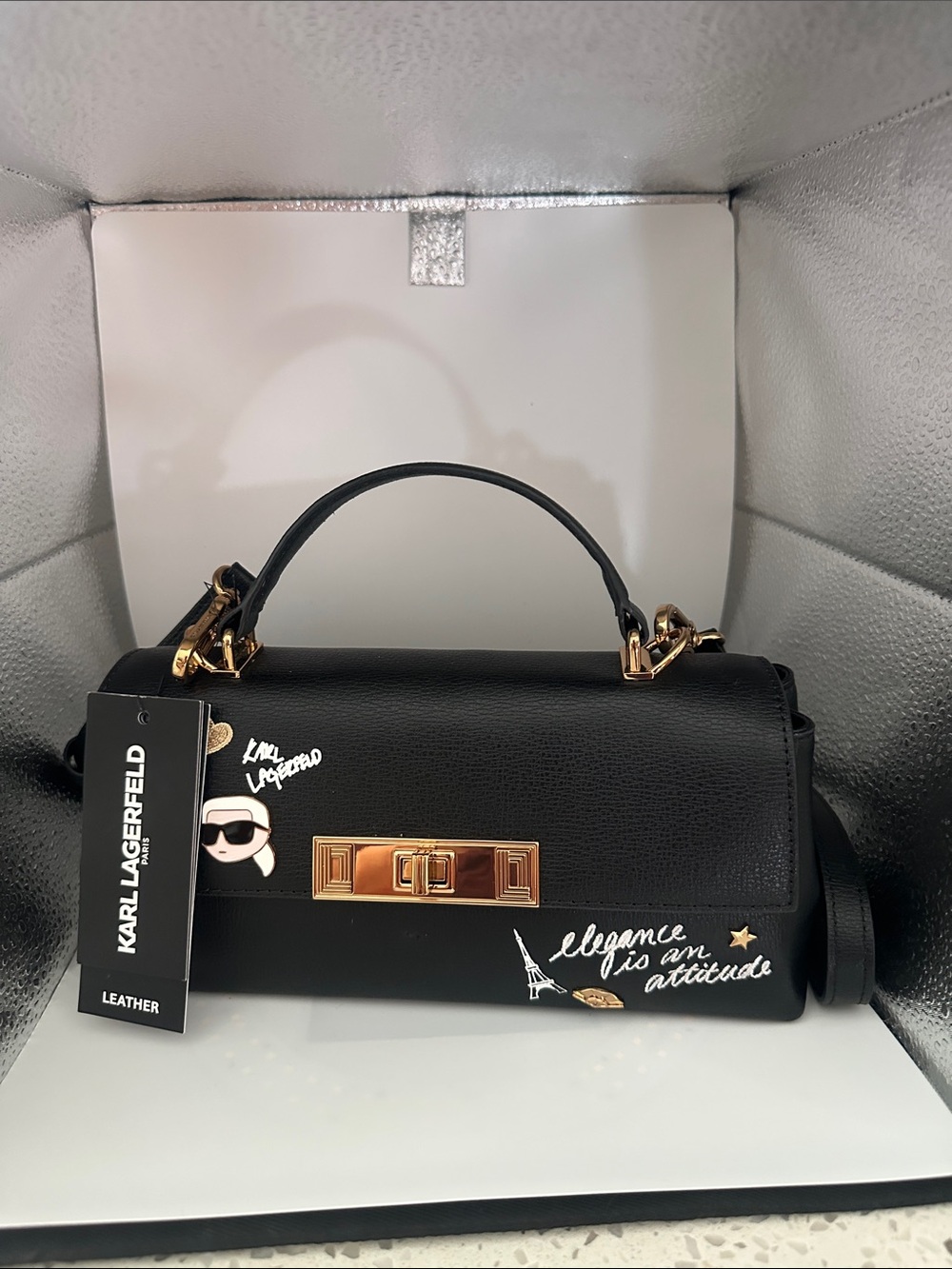 Karl Lagerfeld Black Leather Satchel with Gold-Tone Hardware and Graphic Accents
